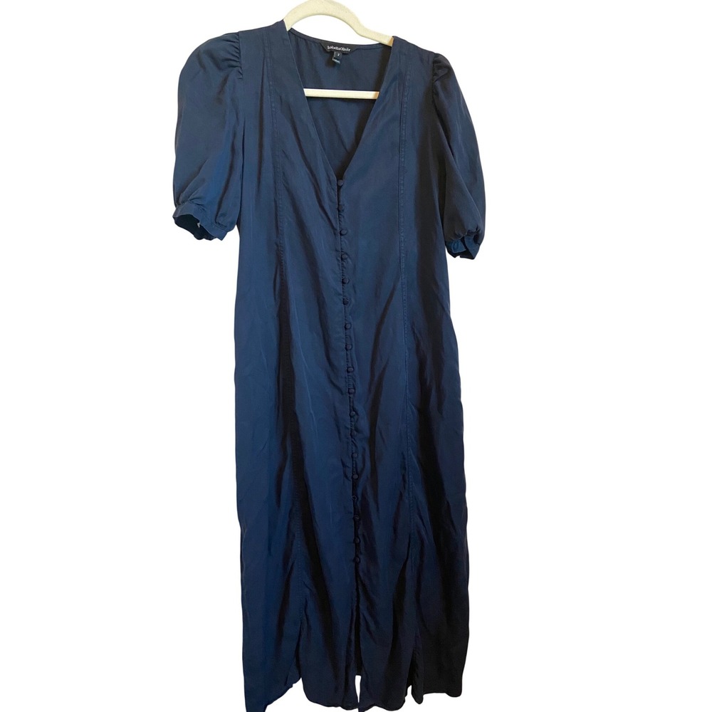Isabella Oliver Navy Blue Tencel Lyocell Button Front Puff Sleeve Midi Dress 6